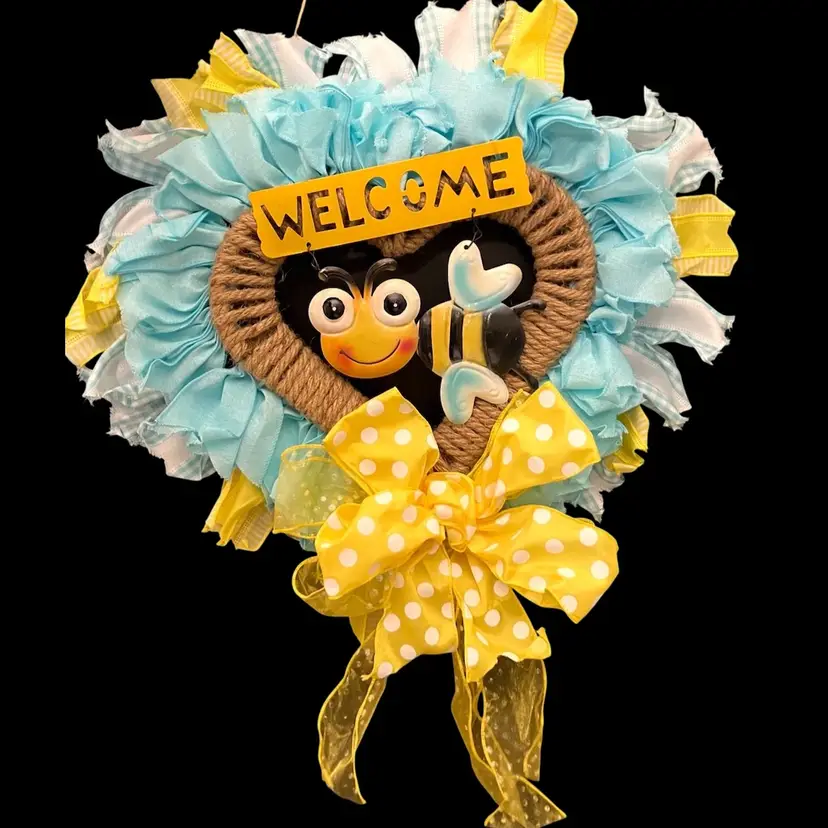 BIN - Heart Shaped Blue And Yellow “Welcome” Door Wreath With Bee And Bow