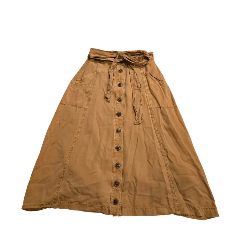 Maeve Anthropologie Womens SZ 2 Brown Button Front Midi Skirt 100% Tencel Bow
