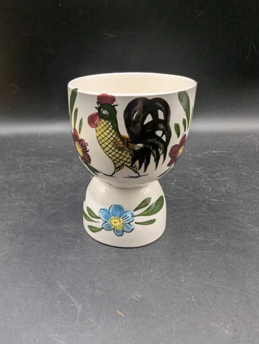 Vintage Porcelain Double Egg Cup Hand-painted Rooster & Floral Design Japan