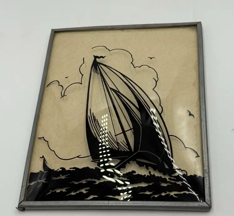 Vintage Convex Bubble Glass Reverse Painted Silhouette Sailing Boat 4” X 5”.