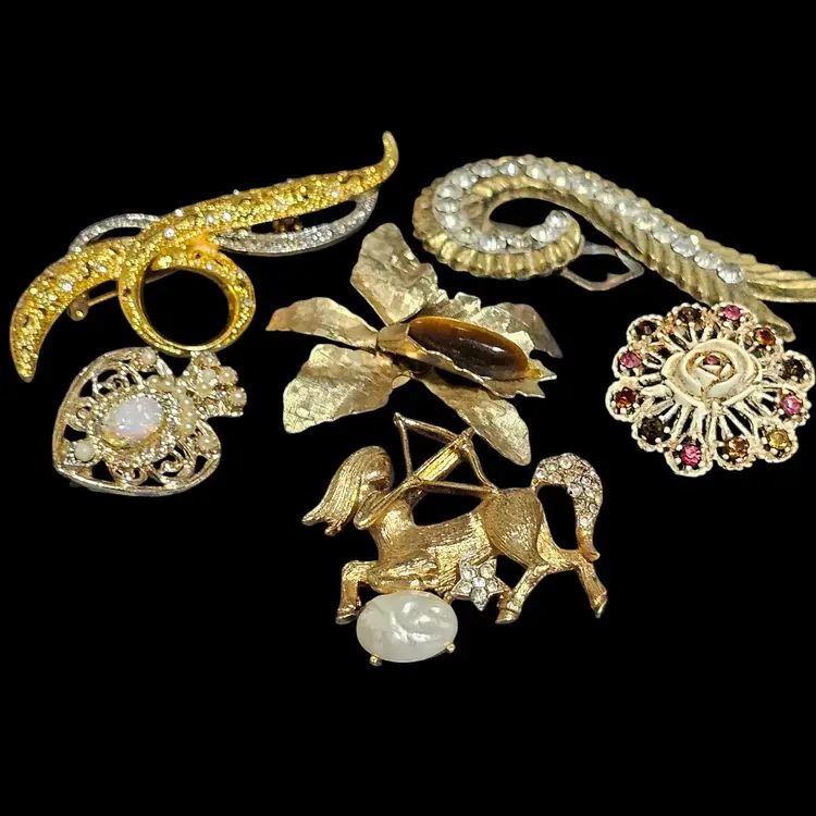 5 Goldtone Brooch 1 Fur Clip Rhinestone And Faux Pearl Accents!!!