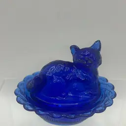 Mosser Glass Cobalt Blue Cat On A Nest Salt Cellar, 2-1/2” Diameter