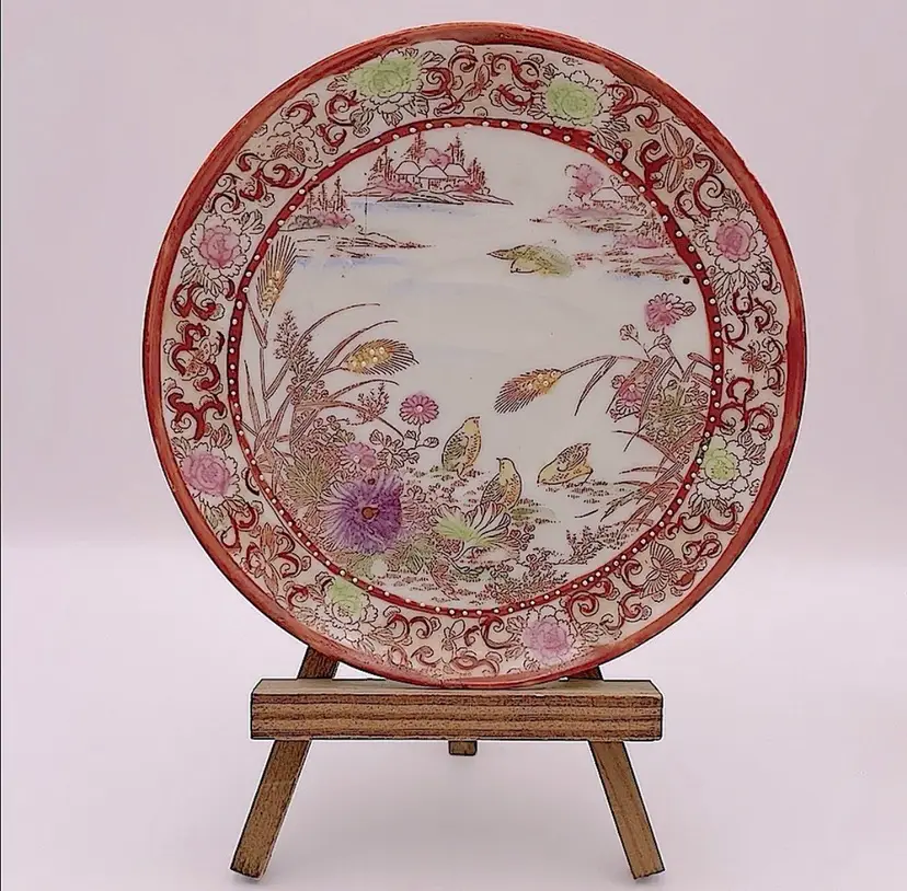 Saucer, Colorful Hand Painted Asian Design with Birds/Florals/Houses on a Lake. Use as a Trinket Dish on your Vanity/Dresser!