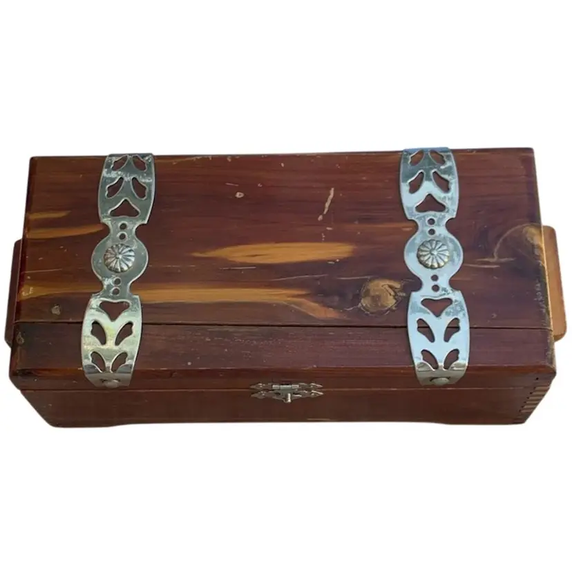 Vintage Cedar Jewelry Box With Silver Tone Details