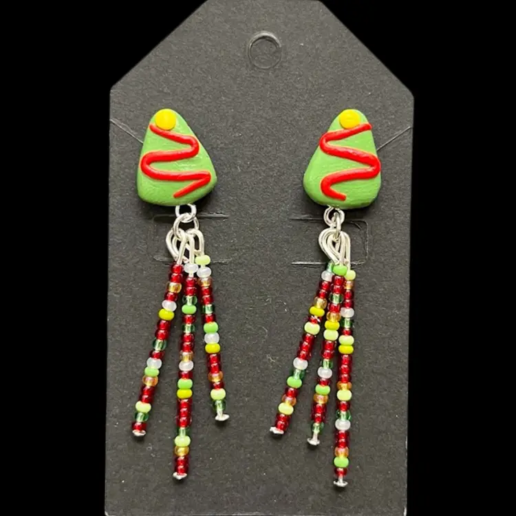Handmade By Me - Polymer Clay Christmas Tree Earrings With Red & Green Seed Bead Tassel, Handmade Christmas Earrings, Made By NN Artist, Handmade Christmas Accessories