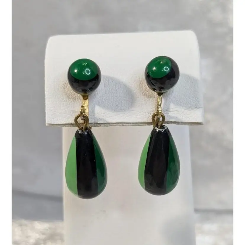 Vintage Retro Green and Black Clip On Drop Earrings - Unsigned