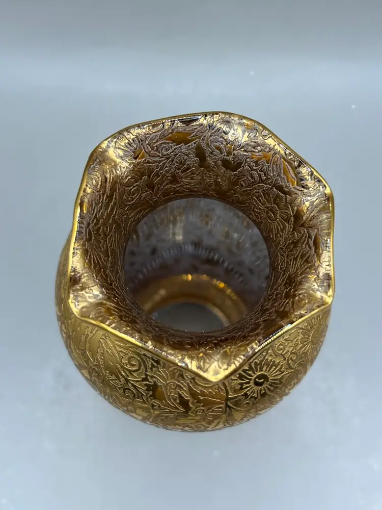 Vintage Glastonbury Lotus Glass 22 Karat Gold Overlay Ruffle Top Slender Gilded Vase 5.25”