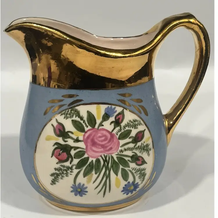 Porcelain- Hand Painted Creamer – Blue- Gold Detail with Pink Rose Bouquet, Numbered -4.5” Tall