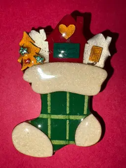 Lucinda Figural Christmas Stocking Pin / Brooch - Hard To Find ~ Cream Glittery “Fur”On The Top, Heel And Toe. Green Stocking With Houses And A Tree Poking Out Of The Top! ADORABLE!