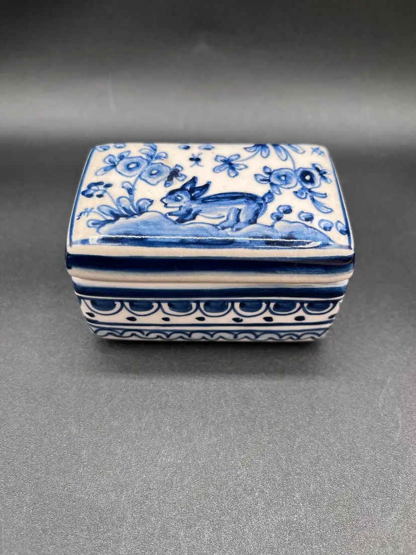 #12 Portuguese Blue And White Hand Painted Floral And Bunny Lidded Trinket Box 3”