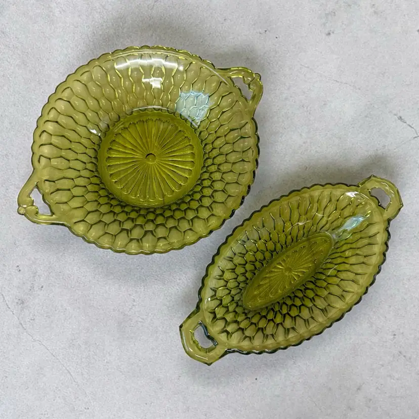Vintage Indiana Glass Olive Honeycomb Daisy Green Pickle & Relish Dish Party Set