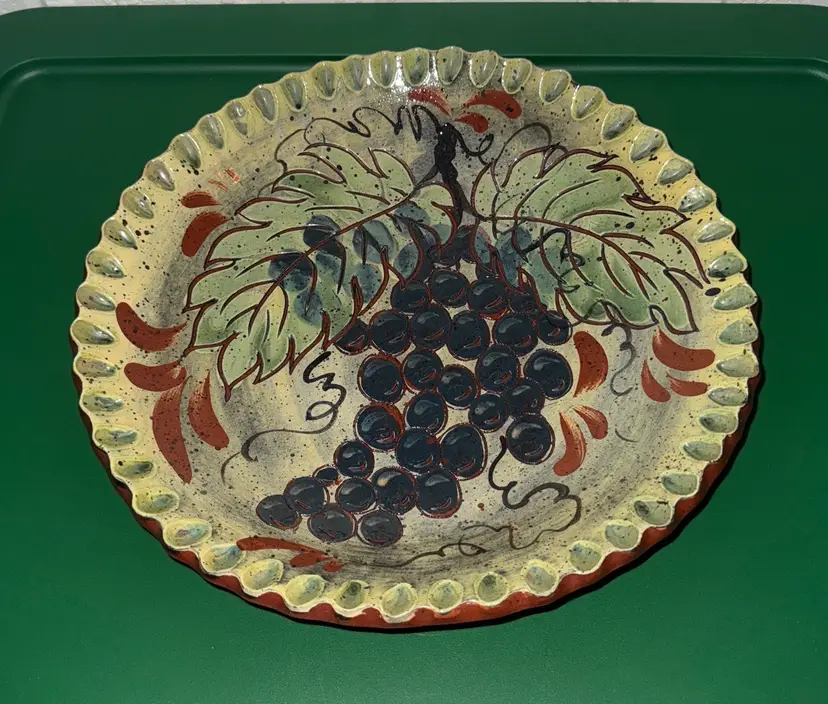 Eldreth Pottery Redware 12” Bowl Pie Crust Edge Grapes Signed 2000