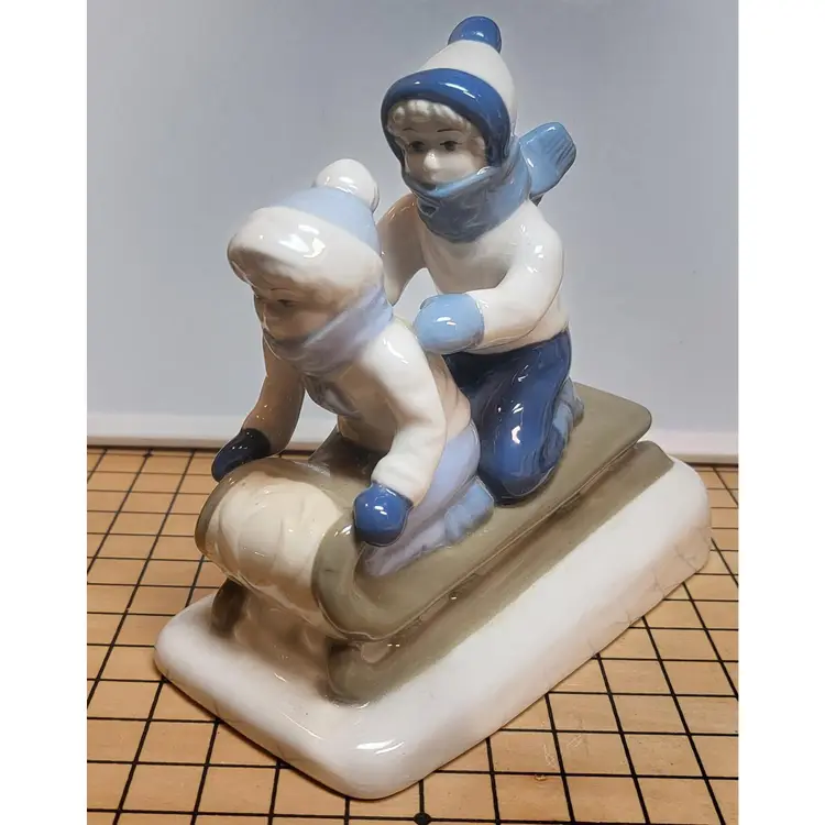 Paul Sebastian PS Porcelain Figurine Twp Children On A Sled