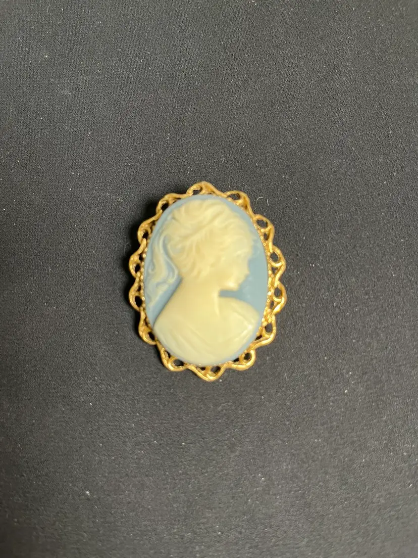 Vintage Grayish Blue & Gold Toned Cameo Brooch