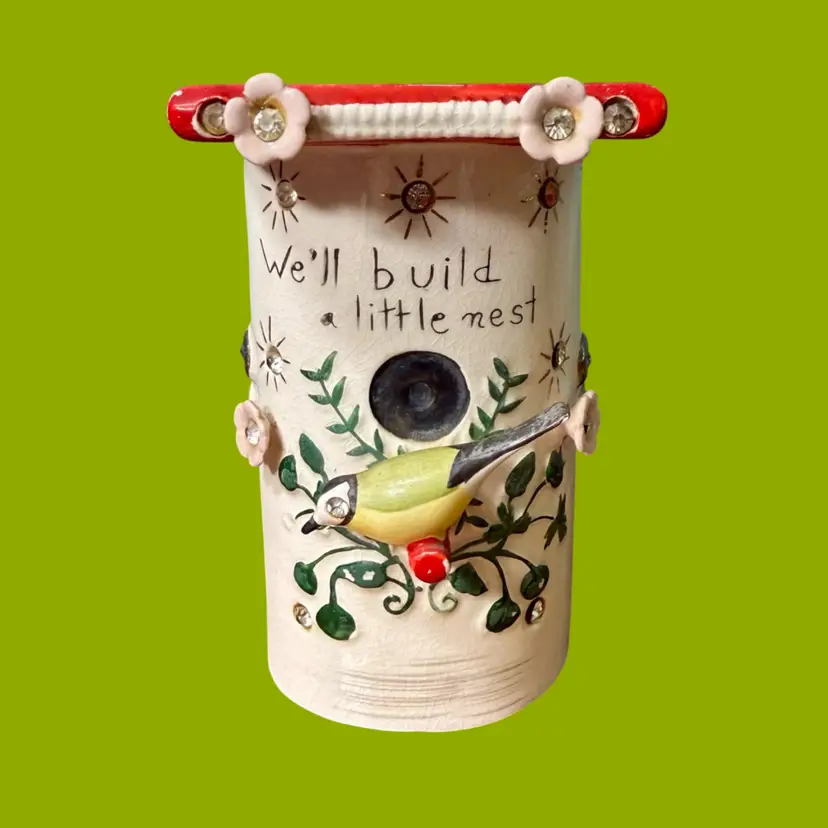 Vintage LEFTON Bird House Coin Bank Wall Hang, Porcelain Embellished READ