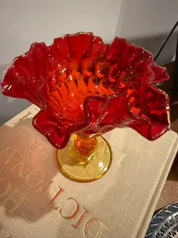 Fenton Amberina Ruffled Thumbprint Pedestal Compote Candy Dish