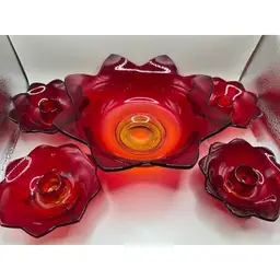 #04 - Vintage Fenton Ruby Red Lotus Flower 8 Petal Glass Bowl and Footed Candle Holder Set ~ UV Reactive ~ Bowl is 3.25 inches tall, 8.75 inches wide ~ Candle Holders are 1.75 inches tall, 4.50 inches wide