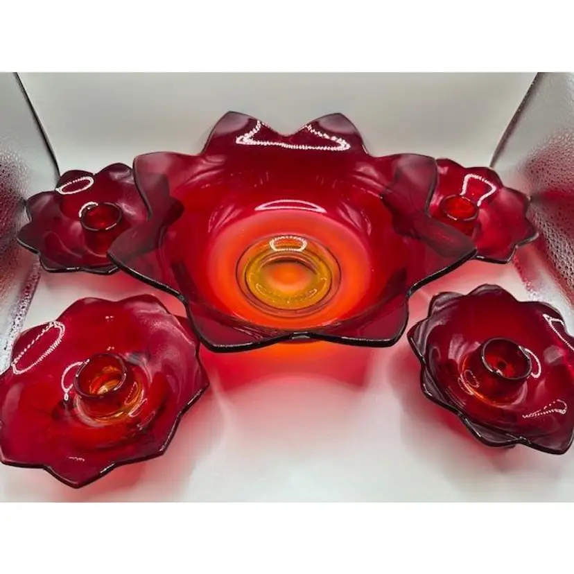 #03 - Vintage Fenton Ruby Red Lotus Flower 8 Petal Glass Bowl and Footed Candle Holder Set ~ UV Reactive ~ Bowl is 3.25 inches tall, 8.75 inches wide ~ Candle Holders are 1.75 inches tall, 4.50 inches wide
