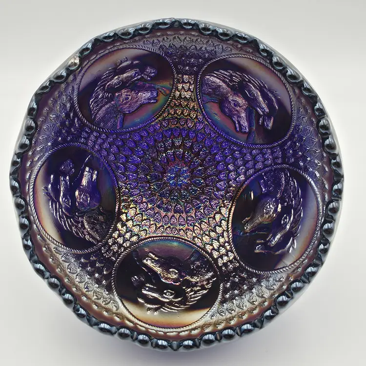 Antique Fenton Carnival Glass Horse Medallion Rose Bowl in Cobalt Blue