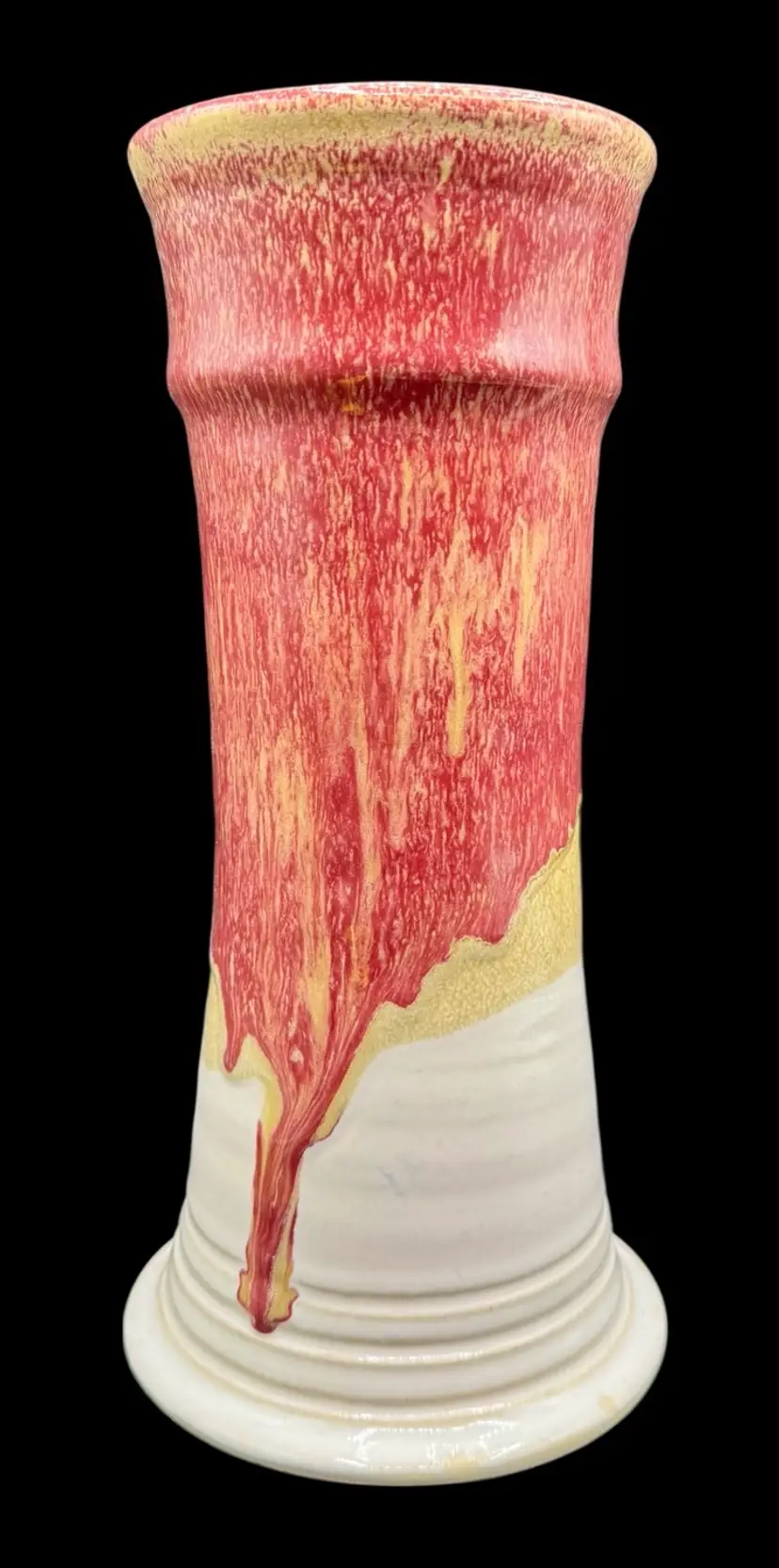Signed Alt Vintage Studio Art Pottery Vase Red Beige White Drip Glaze 9.75”