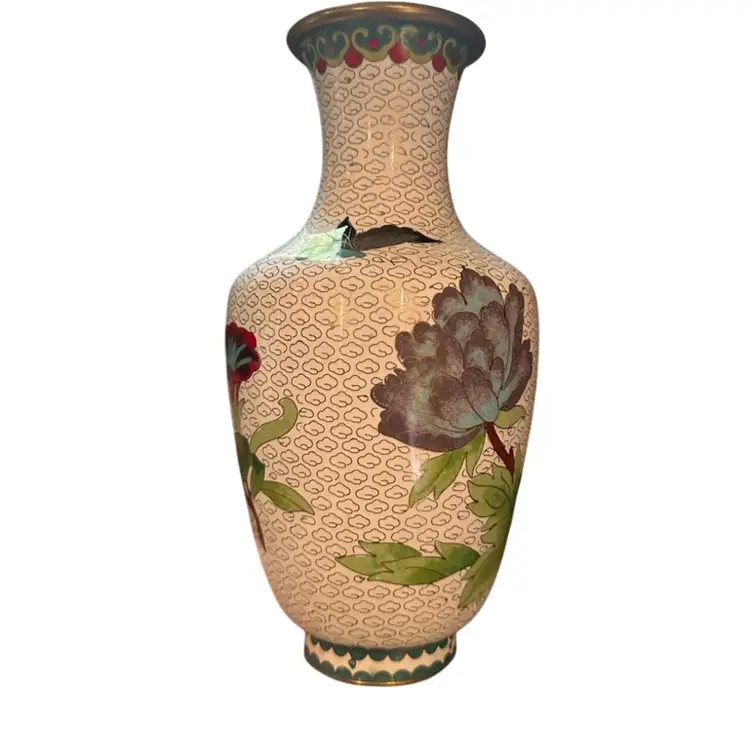 Enamel Over Metal Cloisonné Butterfly Floral Brass 9 In Vase