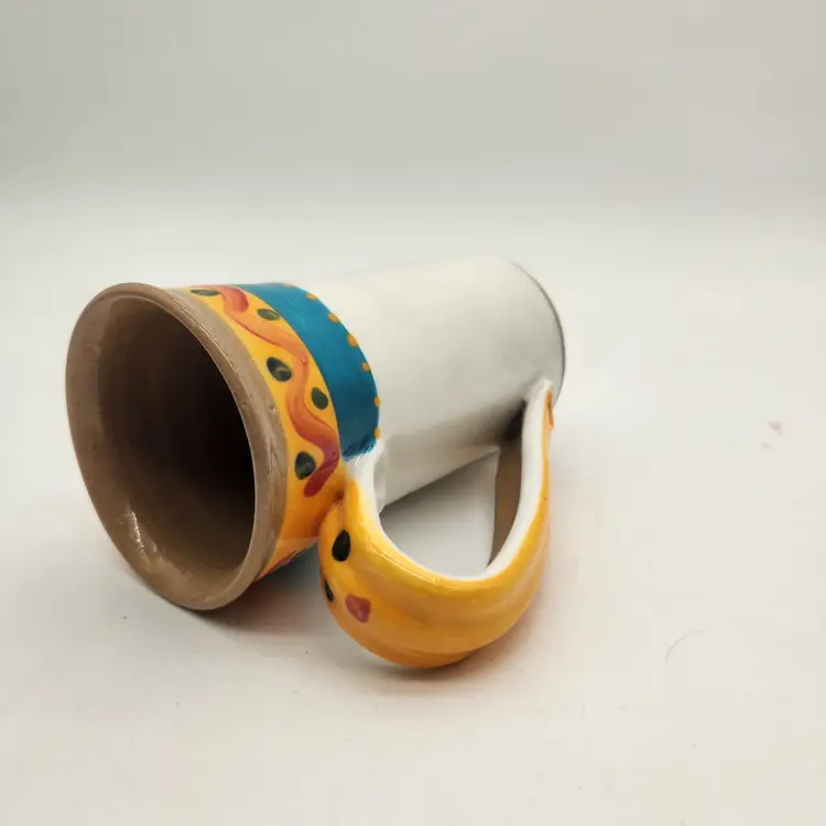 Hand Thrown Stoneware Tall Mug Colorful Floral Folk Art Pottery Signed Tarshis