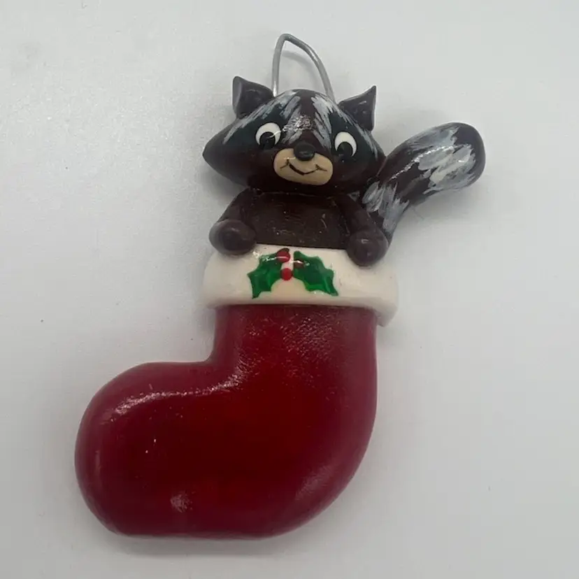 Handmade Sculpted Poly Clay Raccoon In Stocking Christmas Ornament Artist Signed