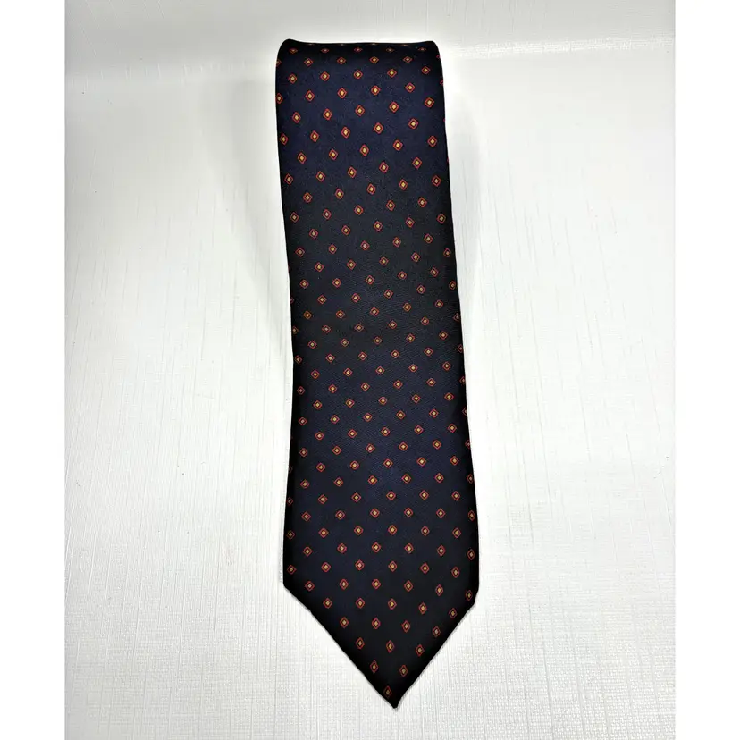 Vintage Bert Pulitzer Silk Tie Navy Blue Geometric Hand Printed Foulard England