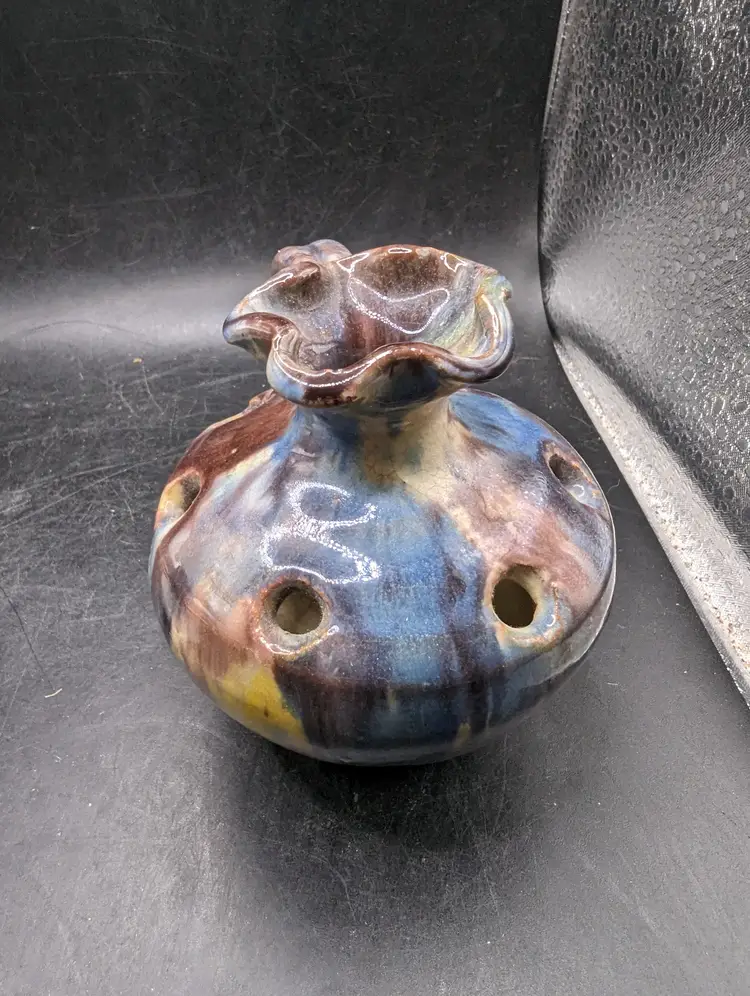 Vintage Lot of 2 Williamsburg Style Pottery Pieces One Flower Frog One Candle Holder