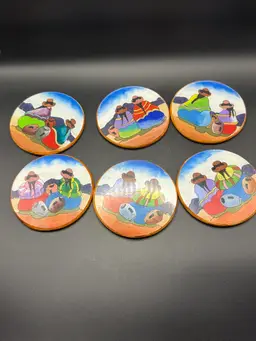 Vintage reverse hand painted Peruvian wooden Coasters set of 6