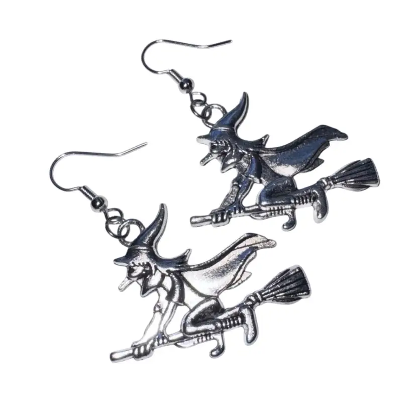 Witch On Broom Halloween Charm Handmade Dangle/Fishhook Earrings