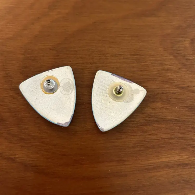 Vintage Abstract Blue Ceramic Stud Earrings Triangle Modern Art 80s Style