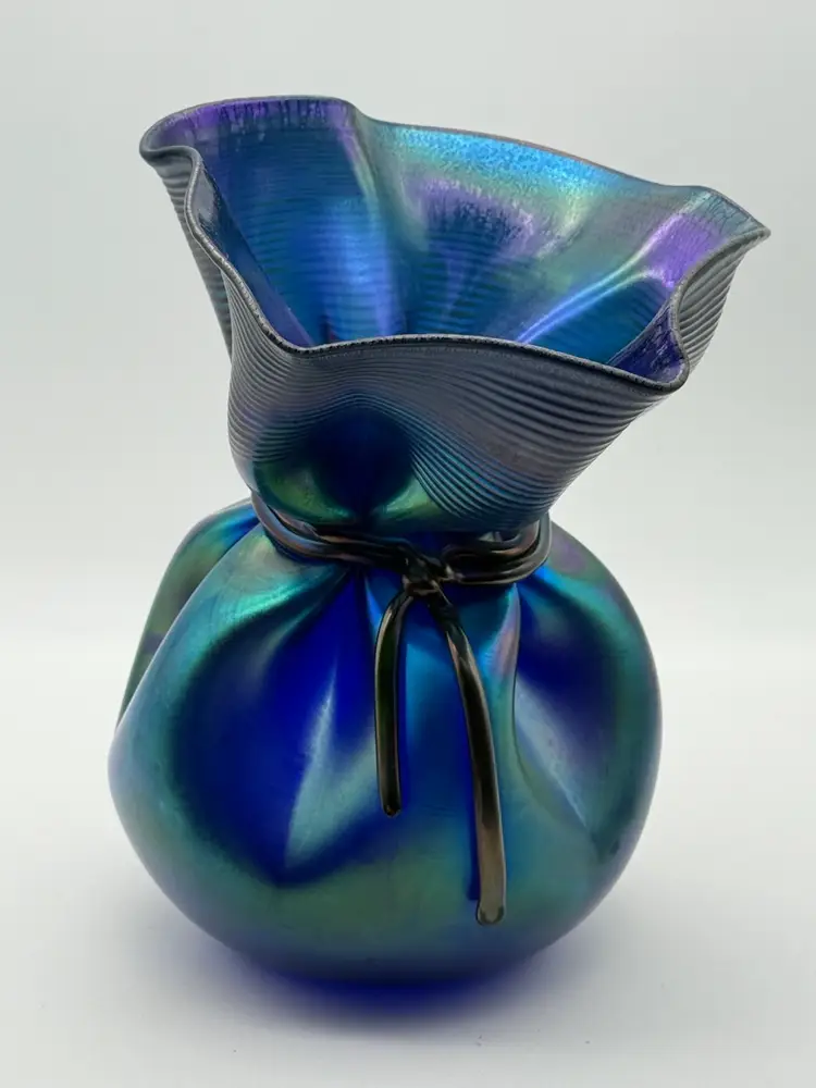 Orient & Flume David Smallhouse Art Glass Blue Iridescent Bag Vase