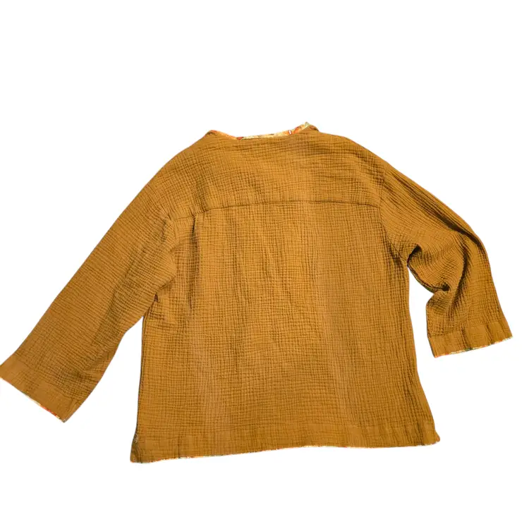 Handmade Kantha Tunic Muslin Cotton Gauze Top Short Sleeve Neutral Mustard S-M