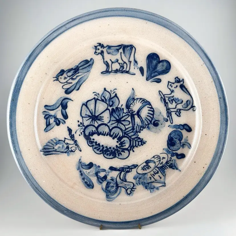 Rowe Pottery Cornucopia Farm Animals Platter Plate Charger Salt Glazed Stoneware