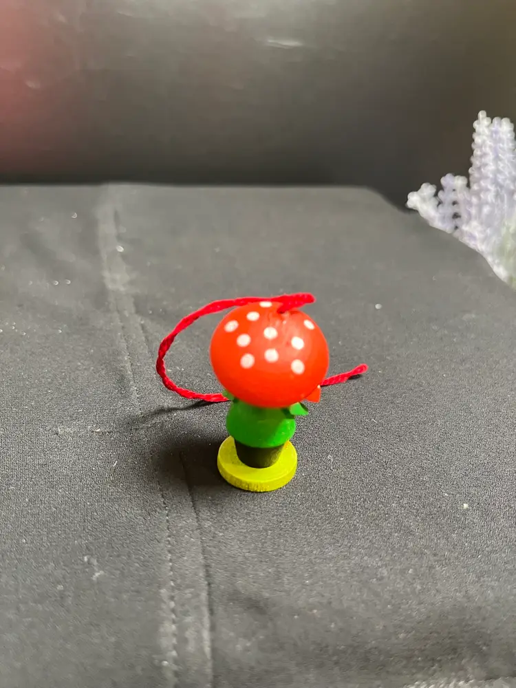 Steinbach-West Germany-Wood "Mushroom Man" w/ Red and White Polka Dot Hat, Holding a Pine Cone & Standing by Another Red & White Mushroom-Lot 60