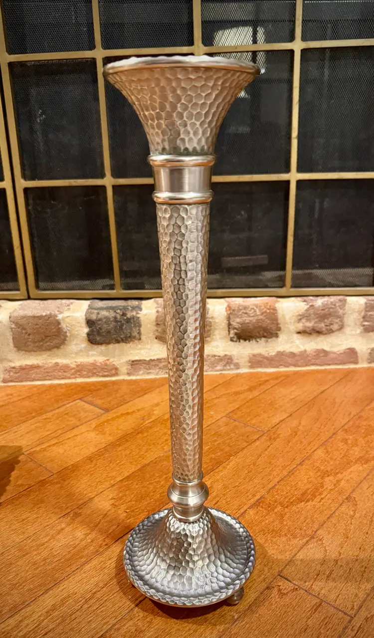 Vintage Hammered Metal Candlestick – Tall Silver Tone Floor Candle Holder with Honeycomb Texture and Ball Feet