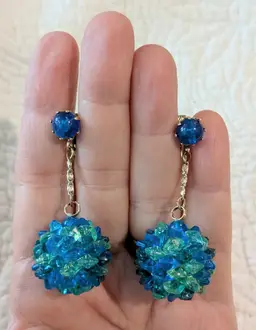Vintage Clip On Earrings with Blue and Green Plastic Globes Suspended from Gold Tone Chains