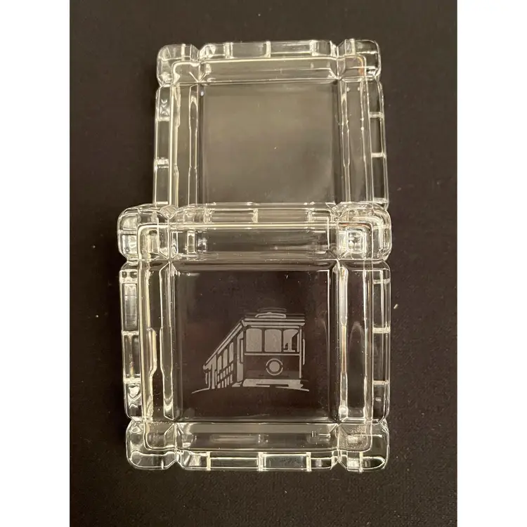 Trinket Box Clear Glass Subway Train Etched Lid Fitted Sawtooth Closure