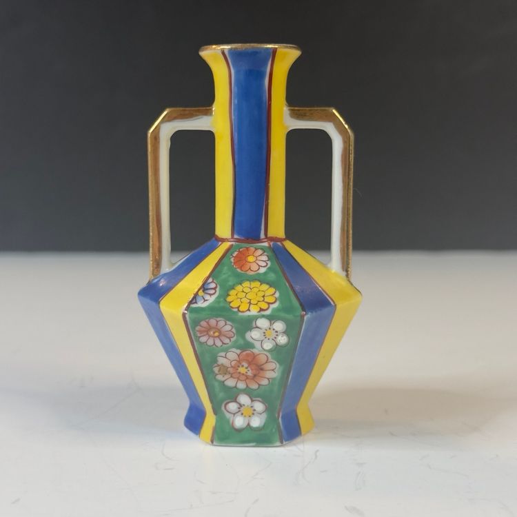 #1125 Vintage Meiji China Occupied Japan Miniature Double Handled Floral Bud Vase