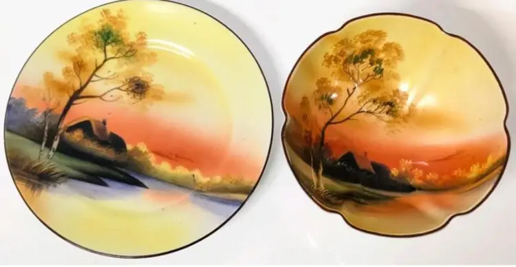 Stunning Vintage NORITAKE Japan Handpainted Triple-Footed Scalloped Bowl 5" D × 2.5" Tall, & Saucer 6.25" Diameter, Green Stamps