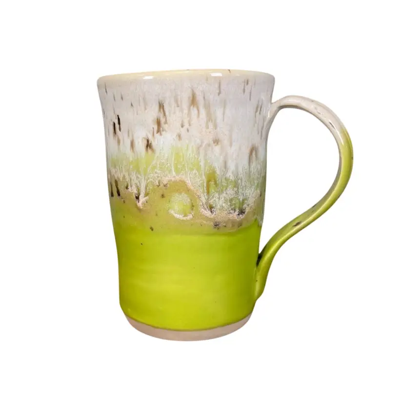 Handmade Studio Pottery Signed S Olson Fluorescent Lime Green Drip Glaze Coffee Mug 16oz 5"