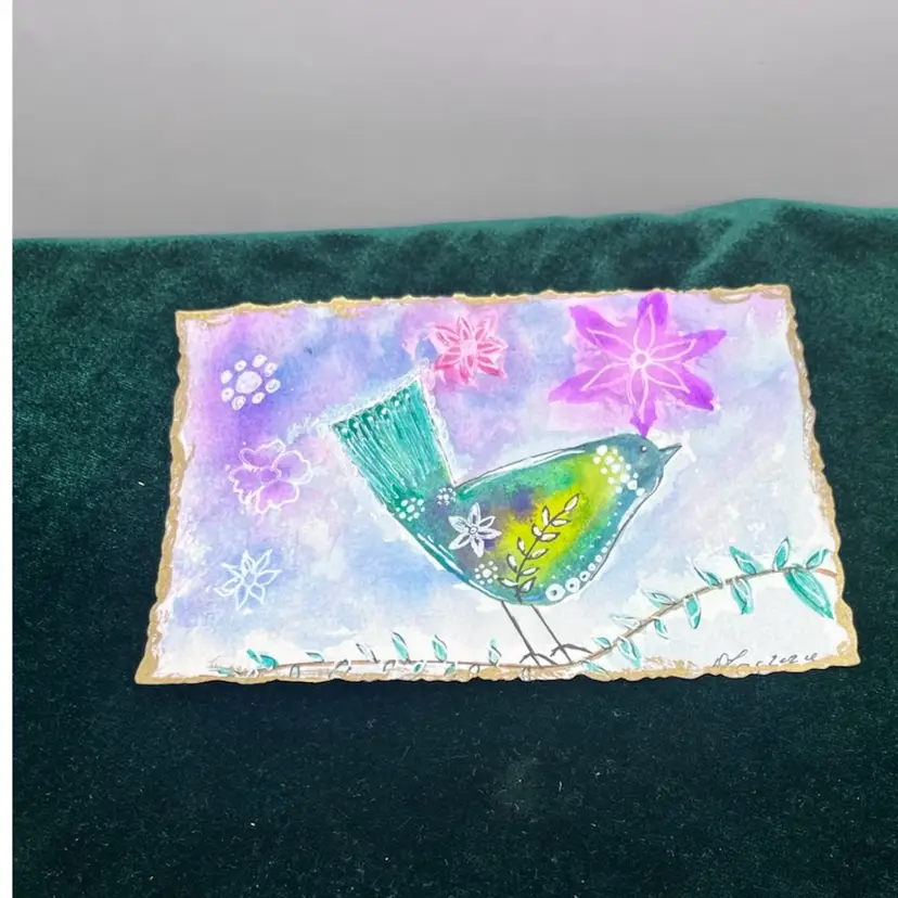 Art By Me- 4”x6” Original Ink & Watercolor “sing” Painting With Gold Edge