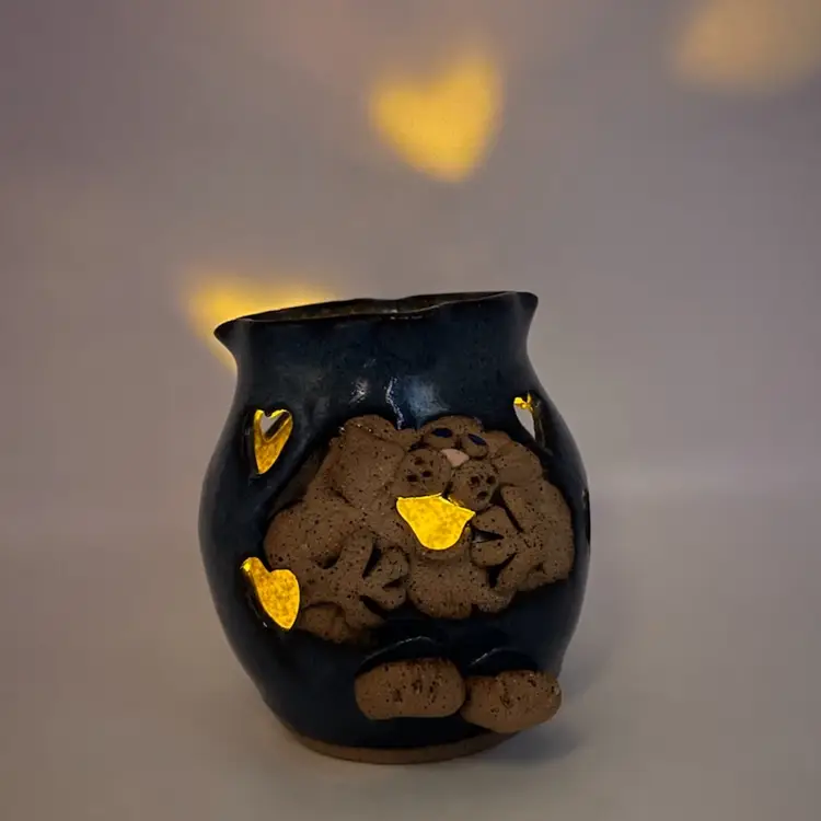 Francine Zajac Pottery Luminary Votive Candle Holder Sculpted Cat Hearts
