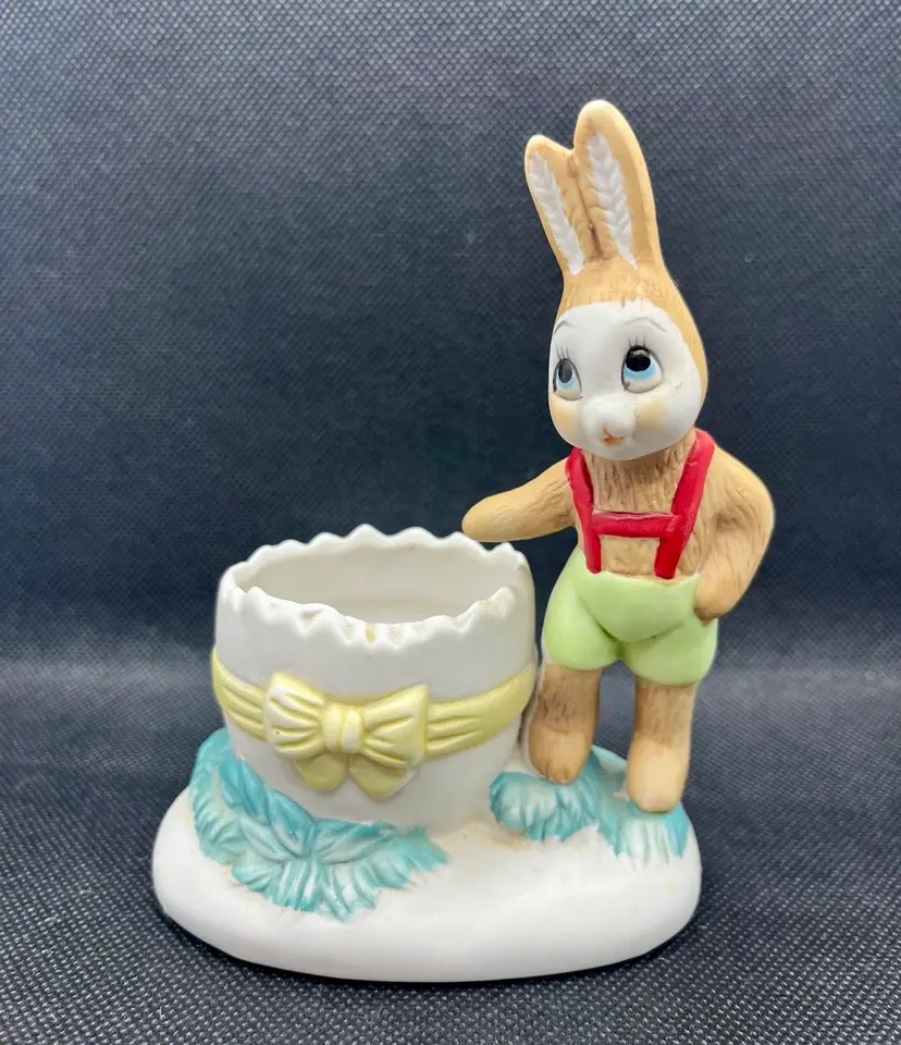 Vintage ceramic Easter bunny figurine with cracked egg cup planter