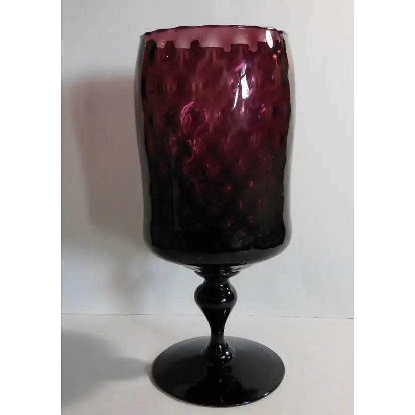 Vintage EMPOLI, Italy GORGEOUS Purple Amethyst Hand Blown Quilted Diamond Optic, LARGE Footed Goblet / Vessel! RARE!