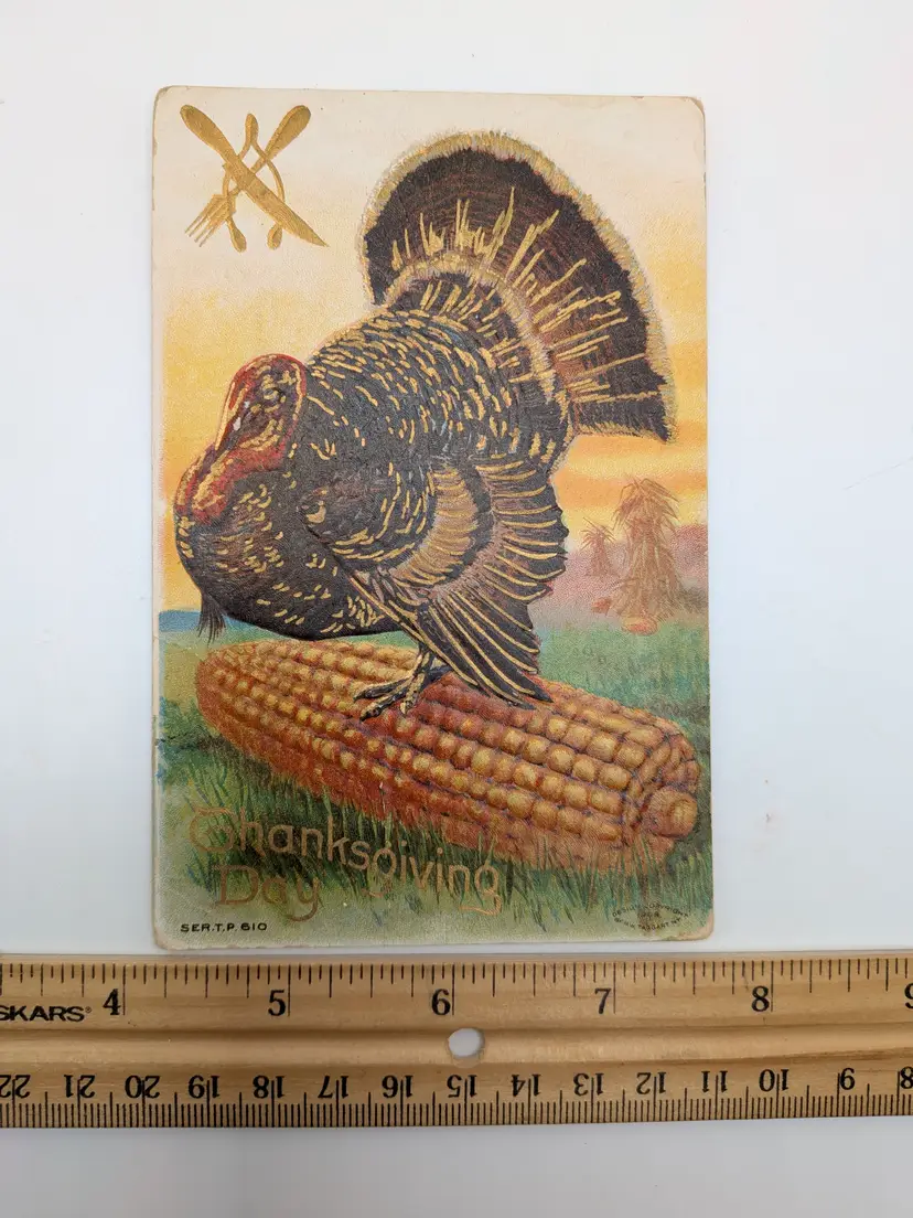 E51. ANTIQUE POSTCARD COPYRIGHT 1909 MW Taggart NY GREEN 1¢ STAMP EMBOSSED GOLD TURKEY THANKSGIVING CARD