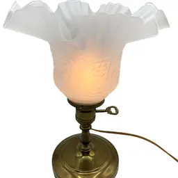 Vintage Brass Table Lamp Swan Embossed Swirl Glass Shade Ruffled Top Retro Decor