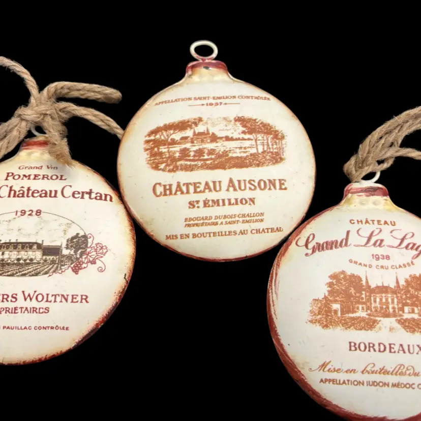 Three Vintage Winery Label Ornaments