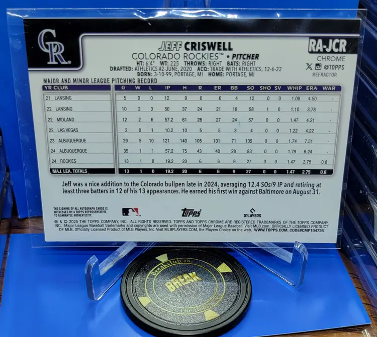 Jeff Criswell 2025 Topps Chrome Refractor RC On Card Auto /499 #RA-JCR Colorado Rockies